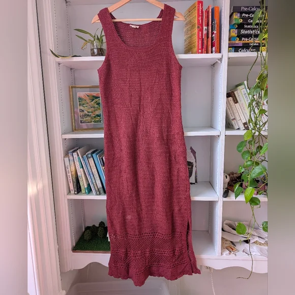 Ana Women's Crochet Maxi Dress Burgundy Knit Sz Medium Boho Cottagecore Festival - Picture 9 of 10